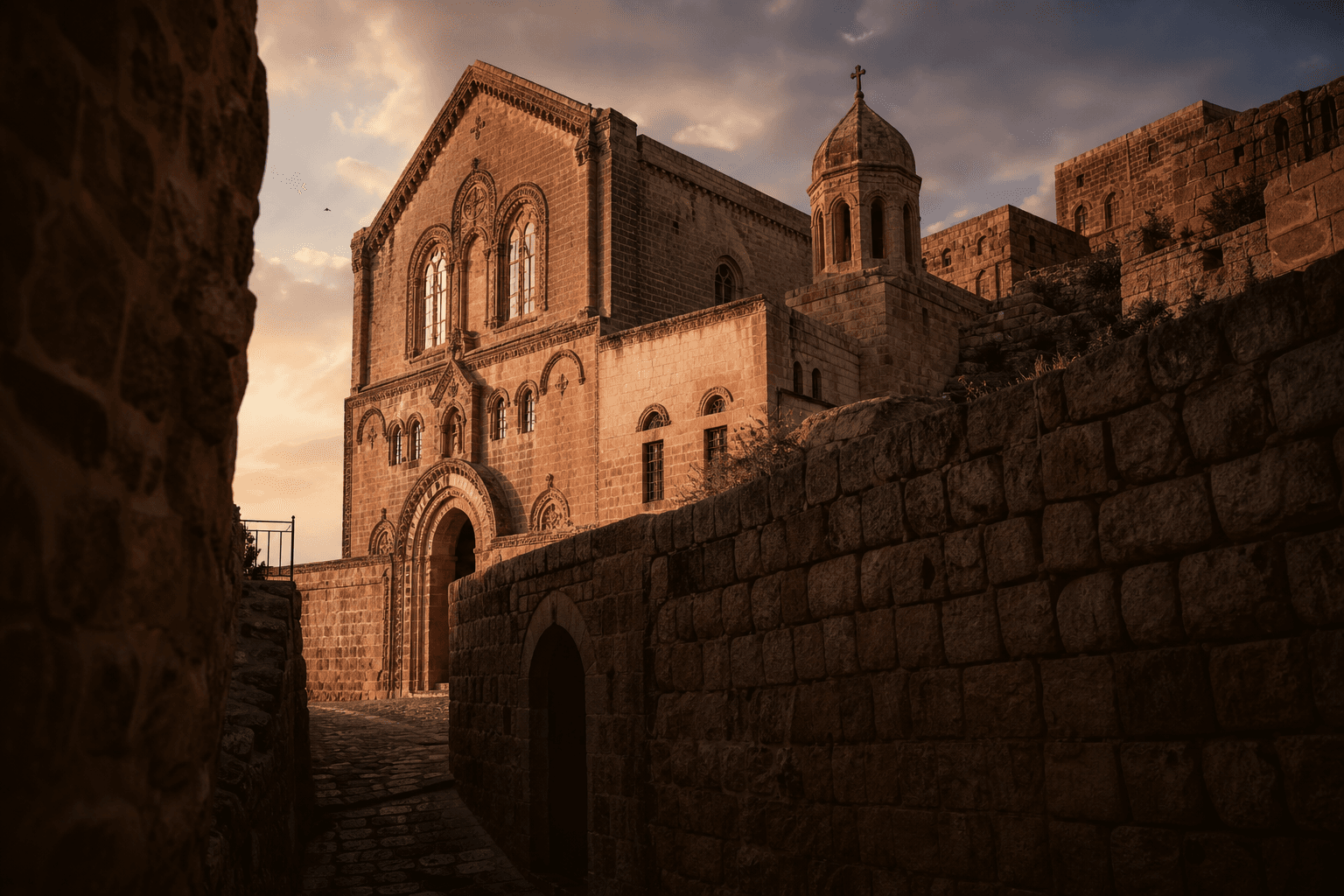 Mardin taş kilisesi atmosferinde bakır-terrakotta tonlarda Medyum Armağan Hoca Gaziantep danışmanlık görseli